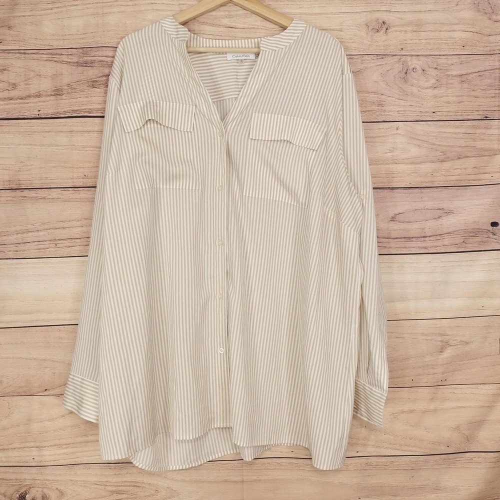 Calvin Klein Button-Up Womens 2X Beige V-Neck Long Sleeve Striped Tunic Top